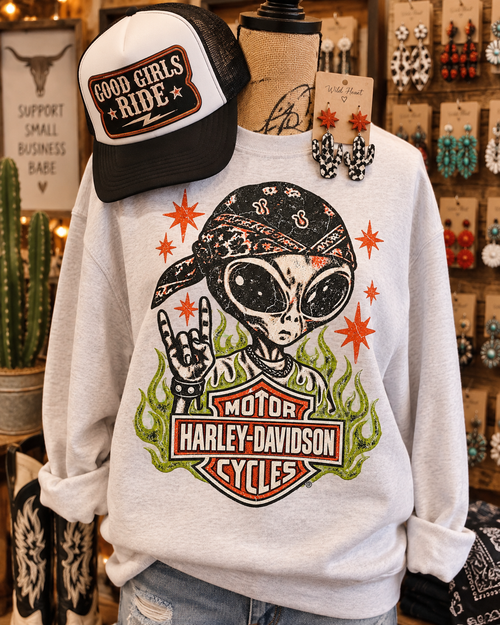 Alien Rider Graphic | Ash Grey Sweatshirt + Pepper Comfort Colors Tee