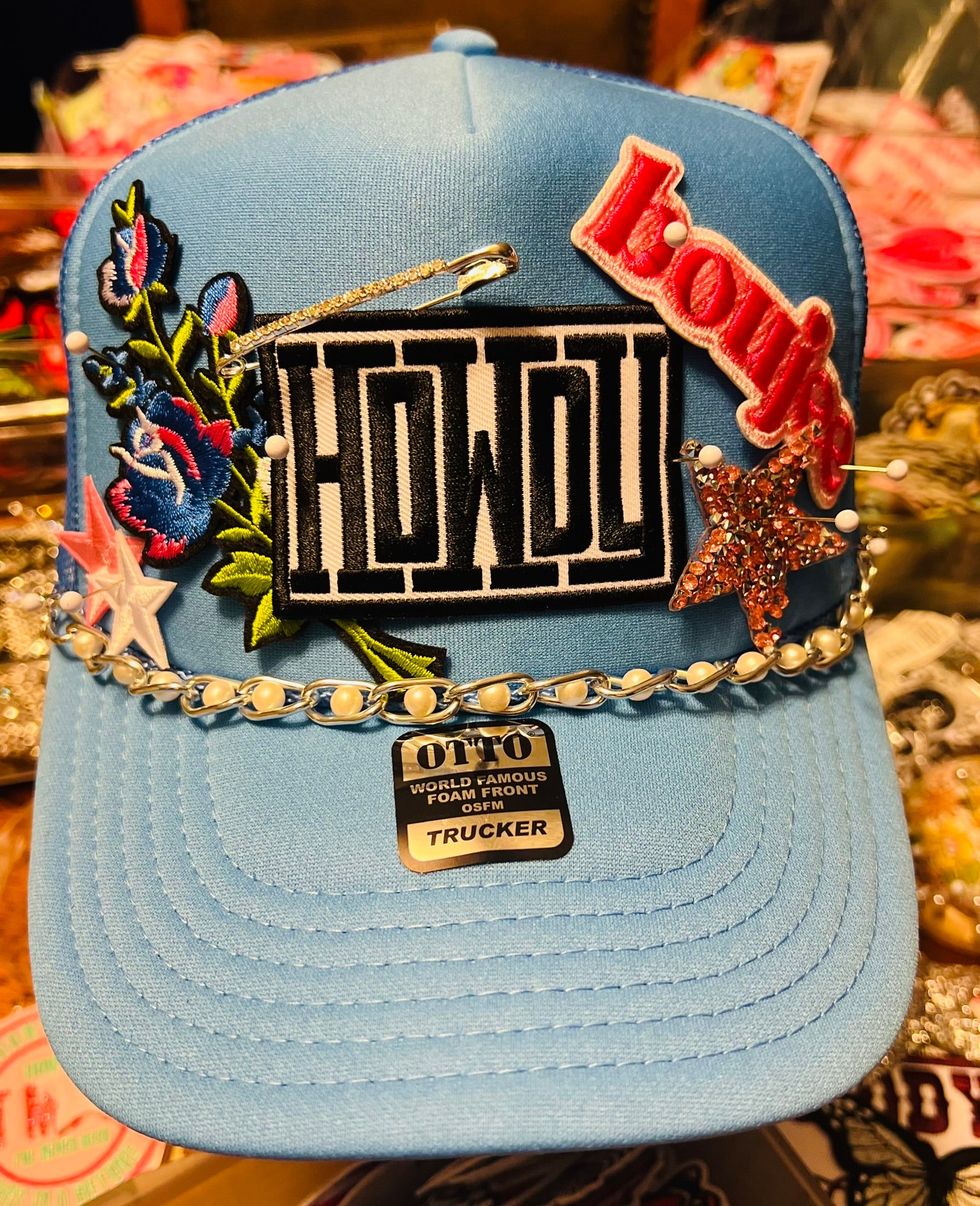 Howdy Blue Trucker Hat with Pearl Chain