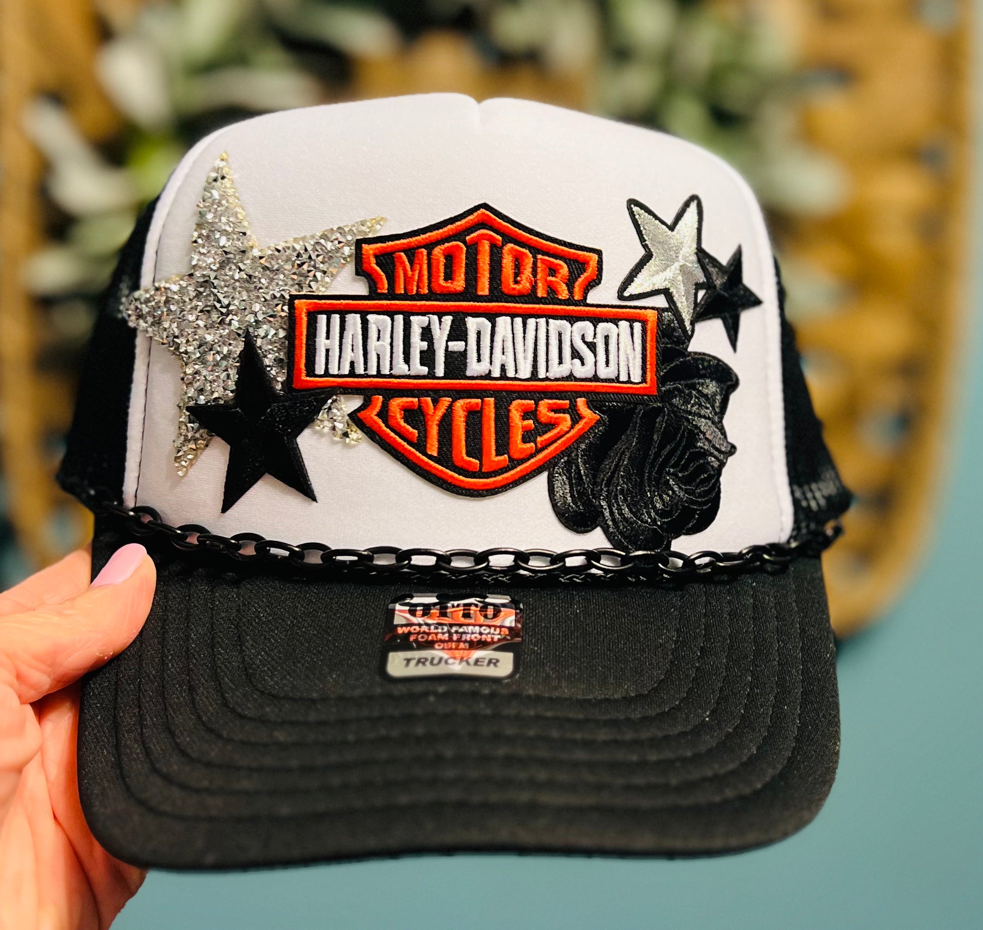 Black & White Biker Trucker Hat with Chain