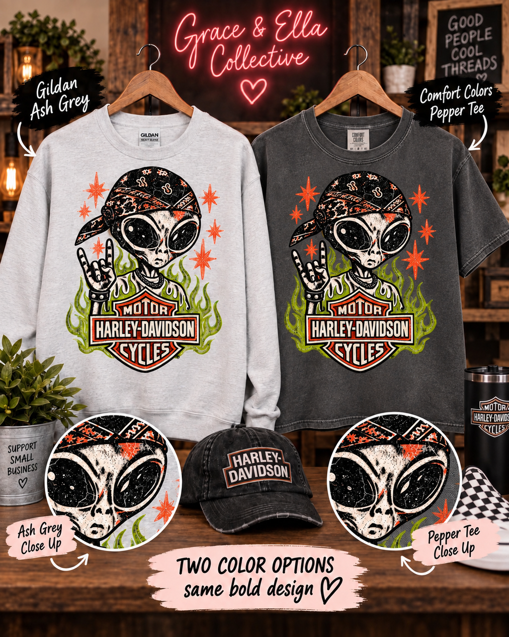 Alien Rider Graphic | Ash Grey Sweatshirt + Pepper Comfort Colors Tee