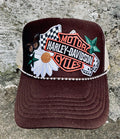 Brown Daisy Biker Trucker Hat with Pearl Chain