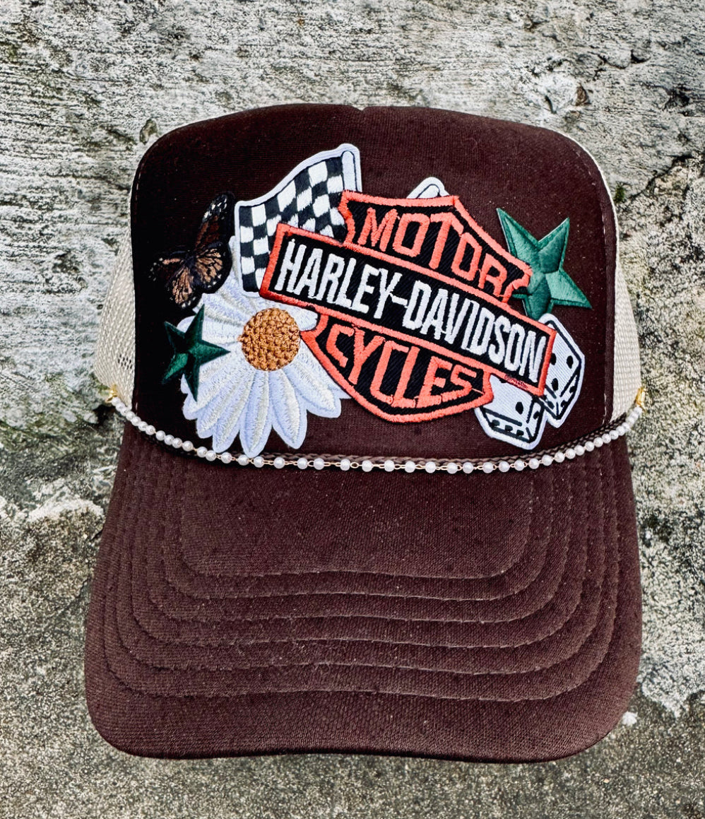 Brown Daisy Biker Trucker Hat with Pearl Chain