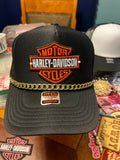 Black Biker-Style Trucker Hat with Gold Chain