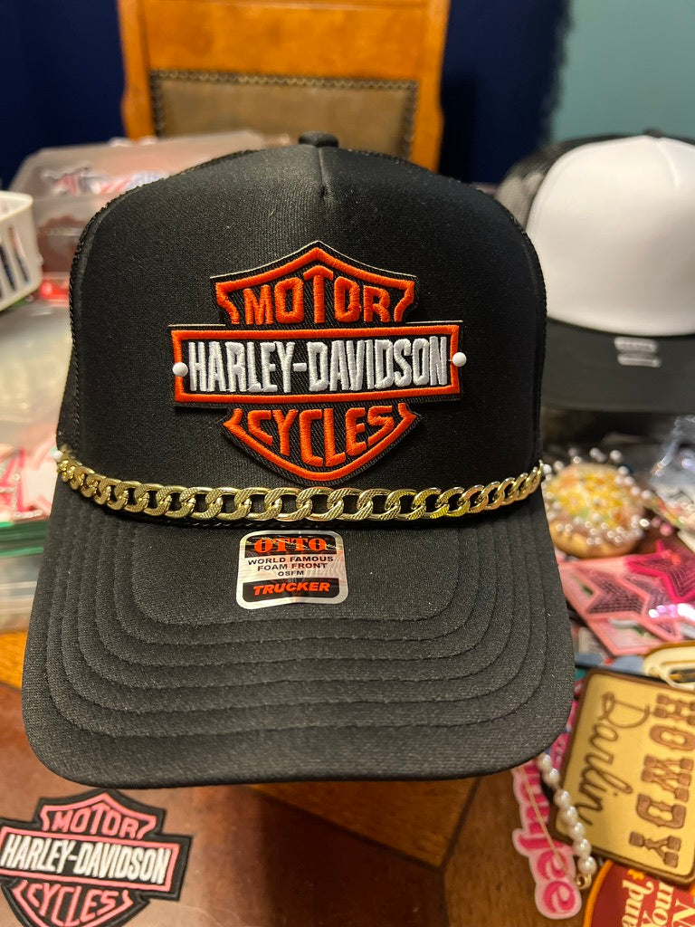 Black Biker-Style Trucker Hat with Gold Chain