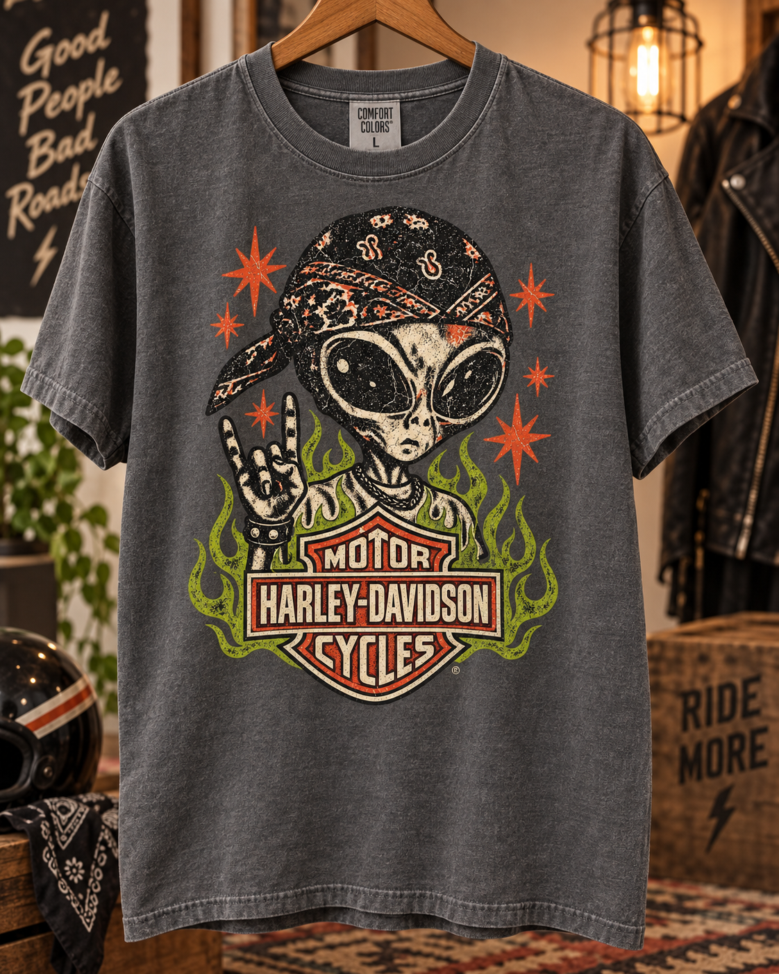 Alien Rider Graphic | Ash Grey Sweatshirt + Pepper Comfort Colors Tee