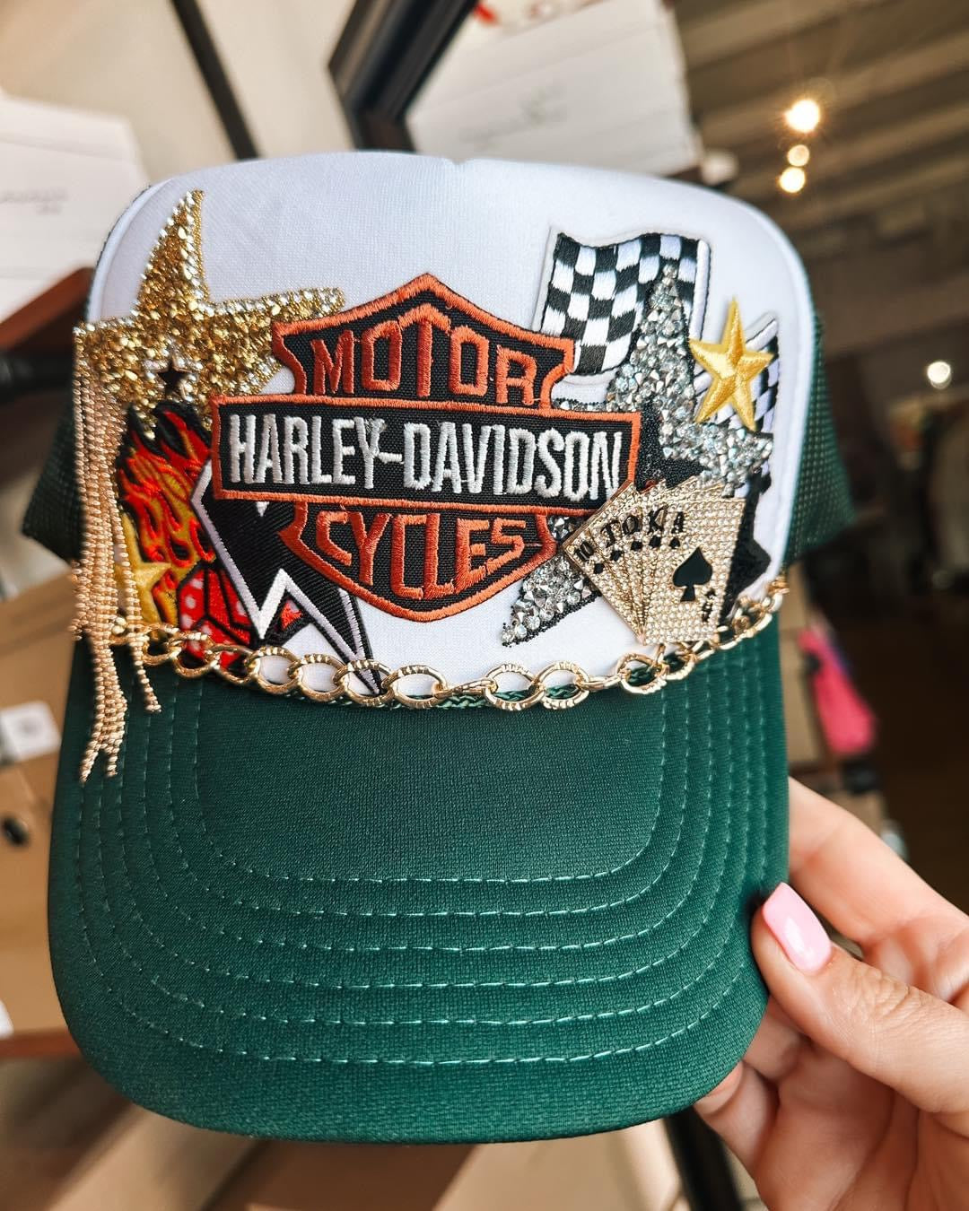 White & Green Biker Trucker Hat with Gold Chain