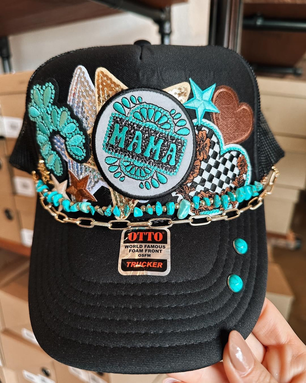 Black Turquoise Mama Trucker Ha