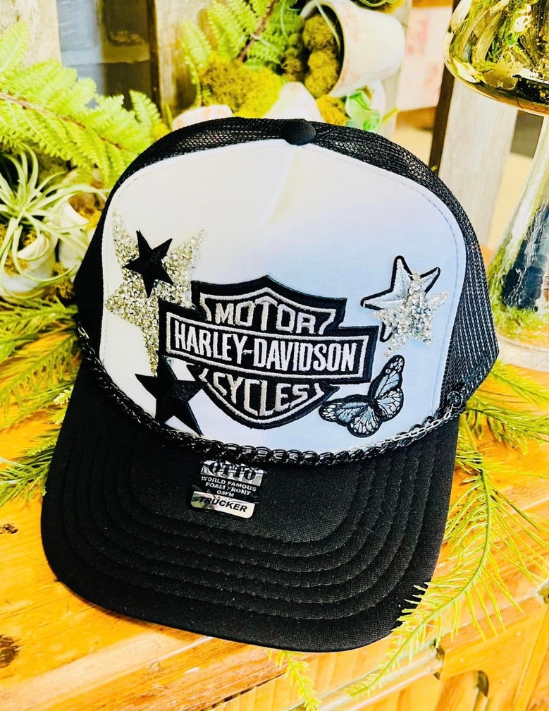 Black & White Butterfly Biker Trucker Hat