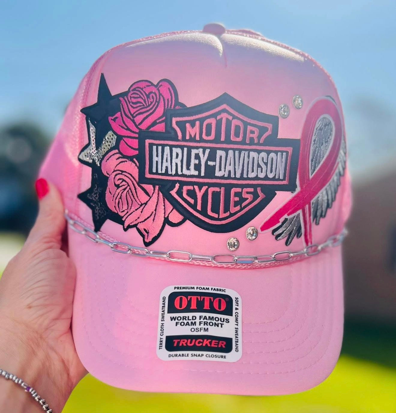 Pink October Biker Trucker Hat with Silver Chain