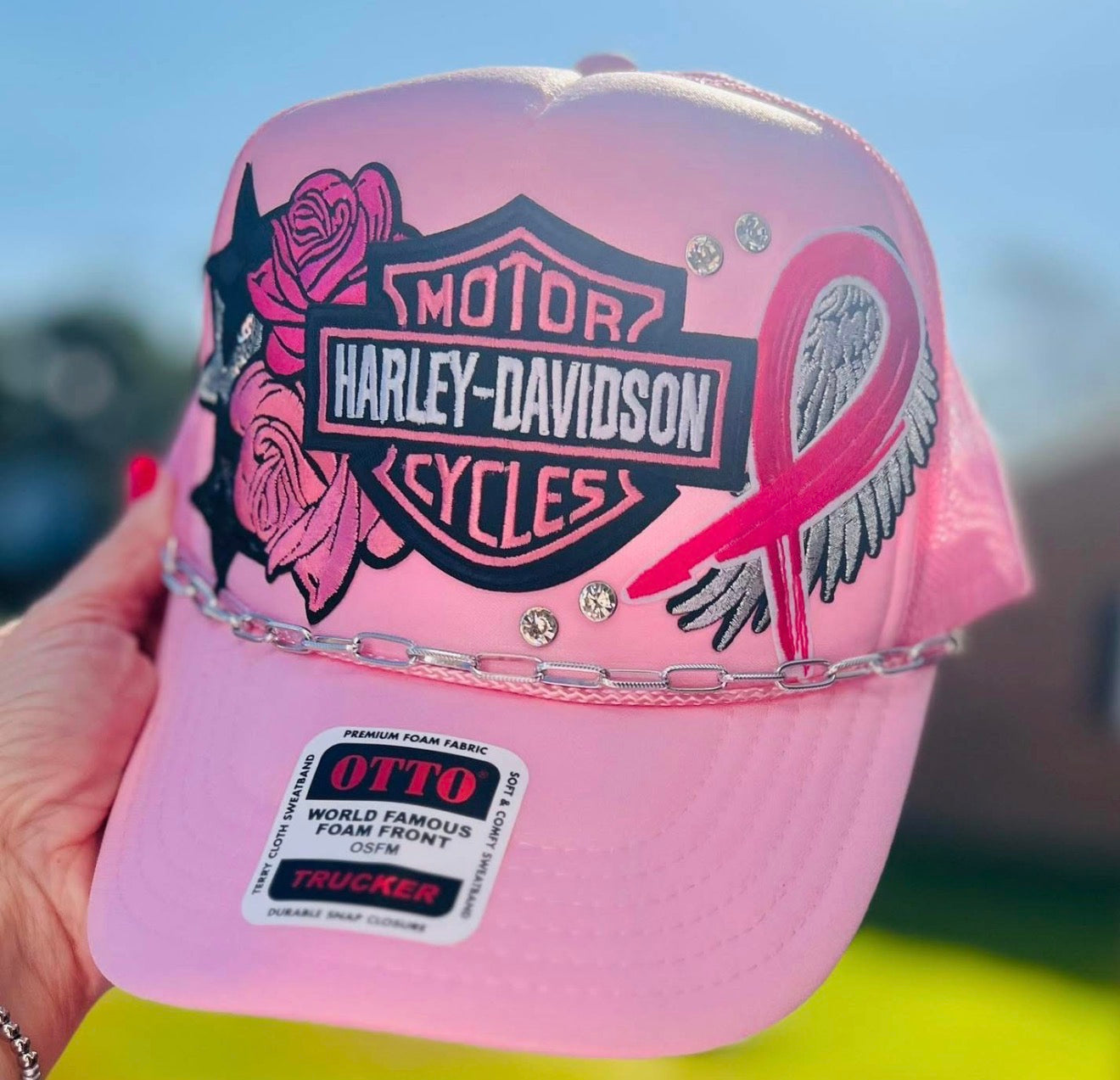 Pink October Biker Trucker Hat with Silver Chain