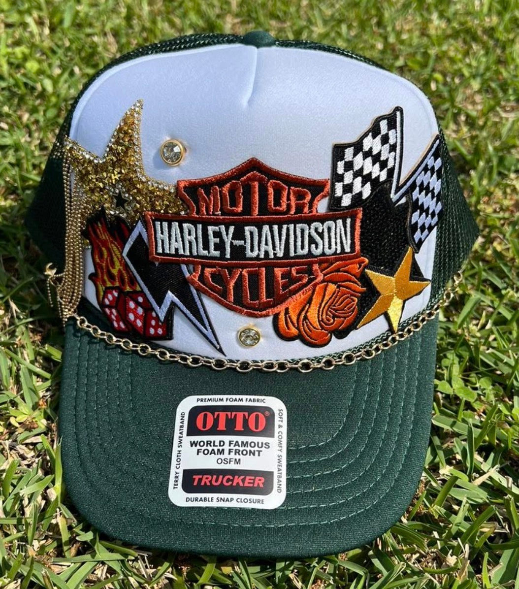 White & Green Biker Trucker Hat with Gold Chain