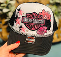 Pink Rose Biker Trucker Hat with Silver Chain