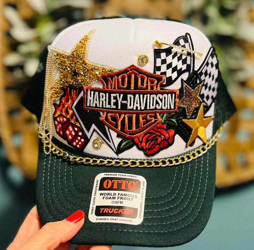 White & Green Biker Trucker Hat with Gold Chain