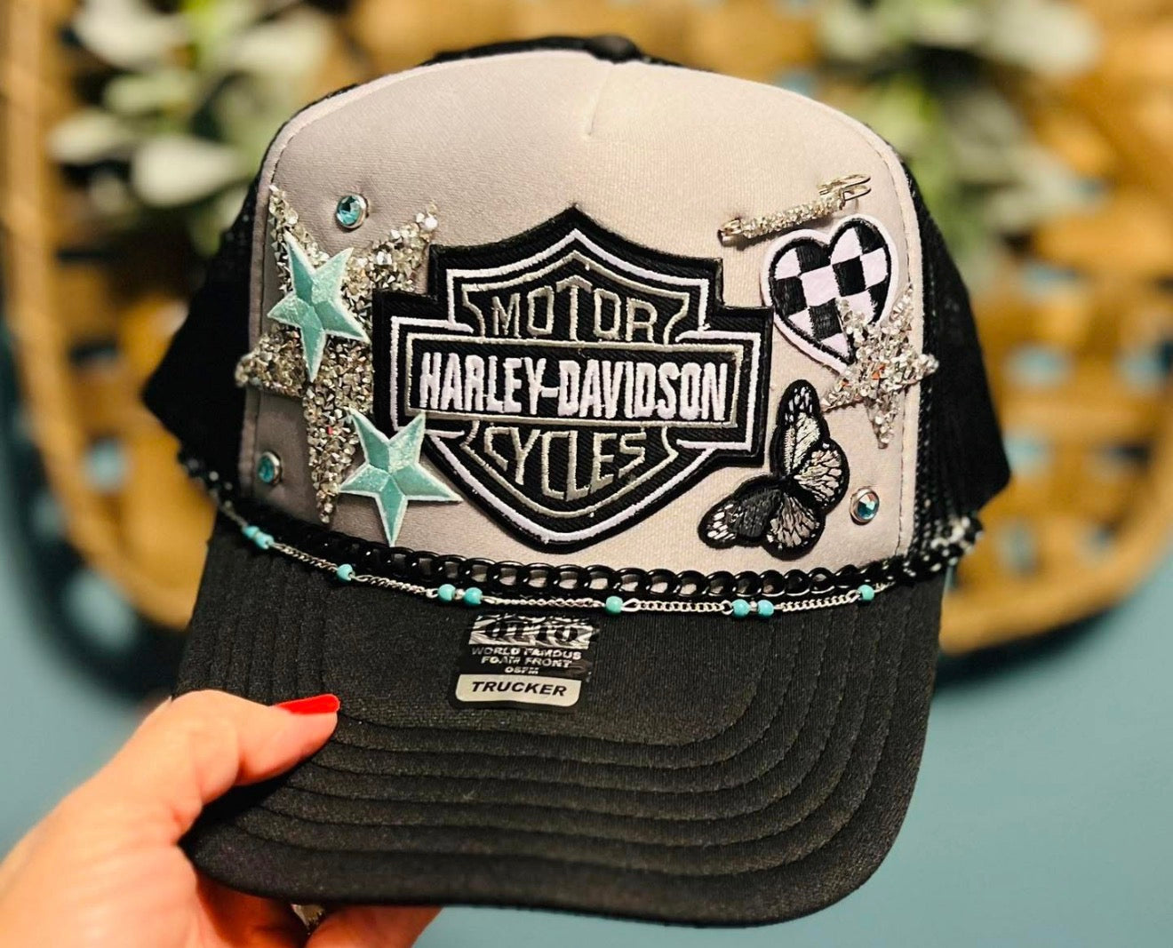 Turquoise Star Biker Trucker Hat with Chain