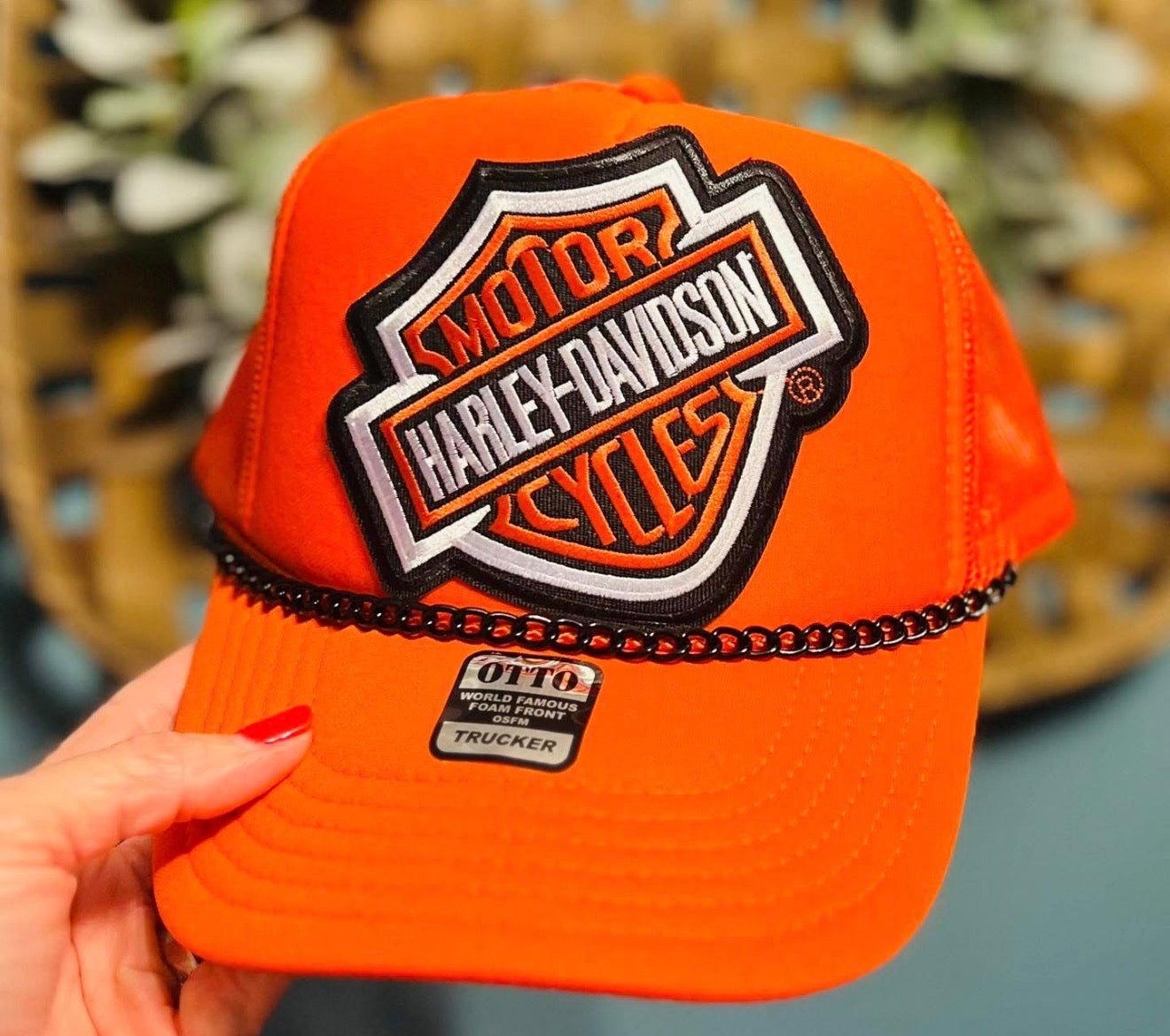 Orange Biker Trucker Hat with Black Chain