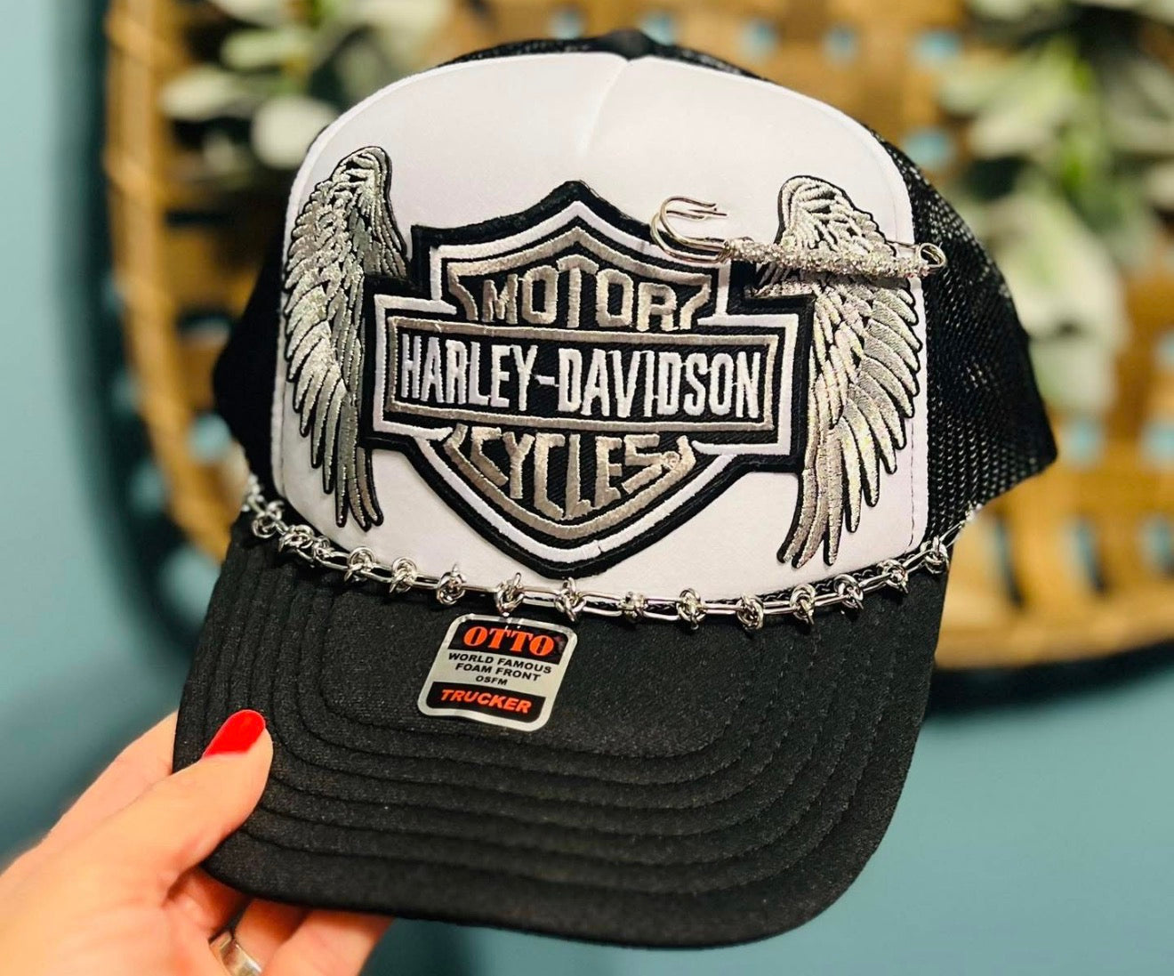 Silver Wings Biker Trucker Hat with Chain