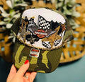 Camo Checkered Biker Trucker Hat with Gold Chain