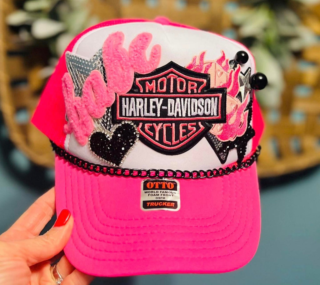 Hot Pink Biker Trucker Hat with Black Chain
