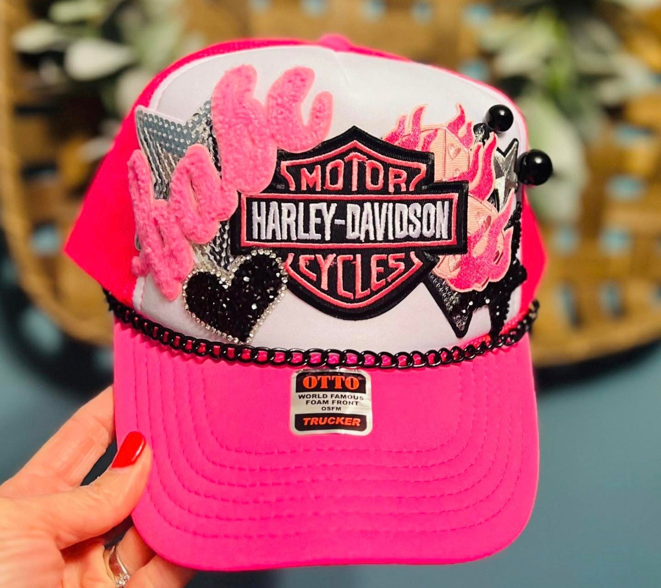 Hot Pink Biker Trucker Hat with Black Chain