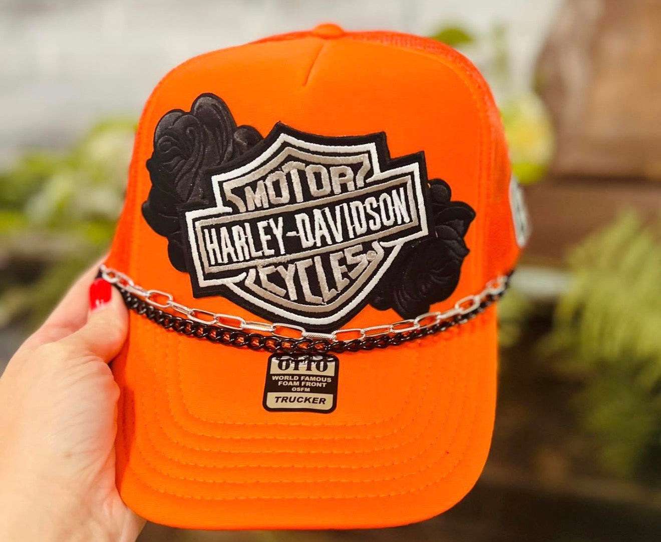 Orange Rose Biker Trucker Hat with Layered Chain