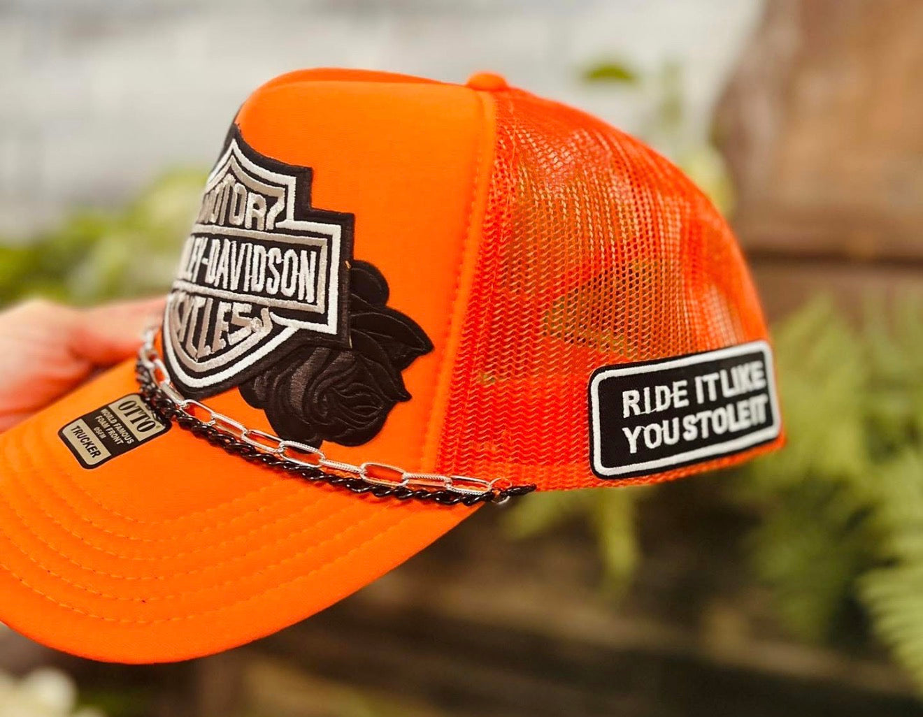 Orange Rose Biker Trucker Hat with Layered Chain