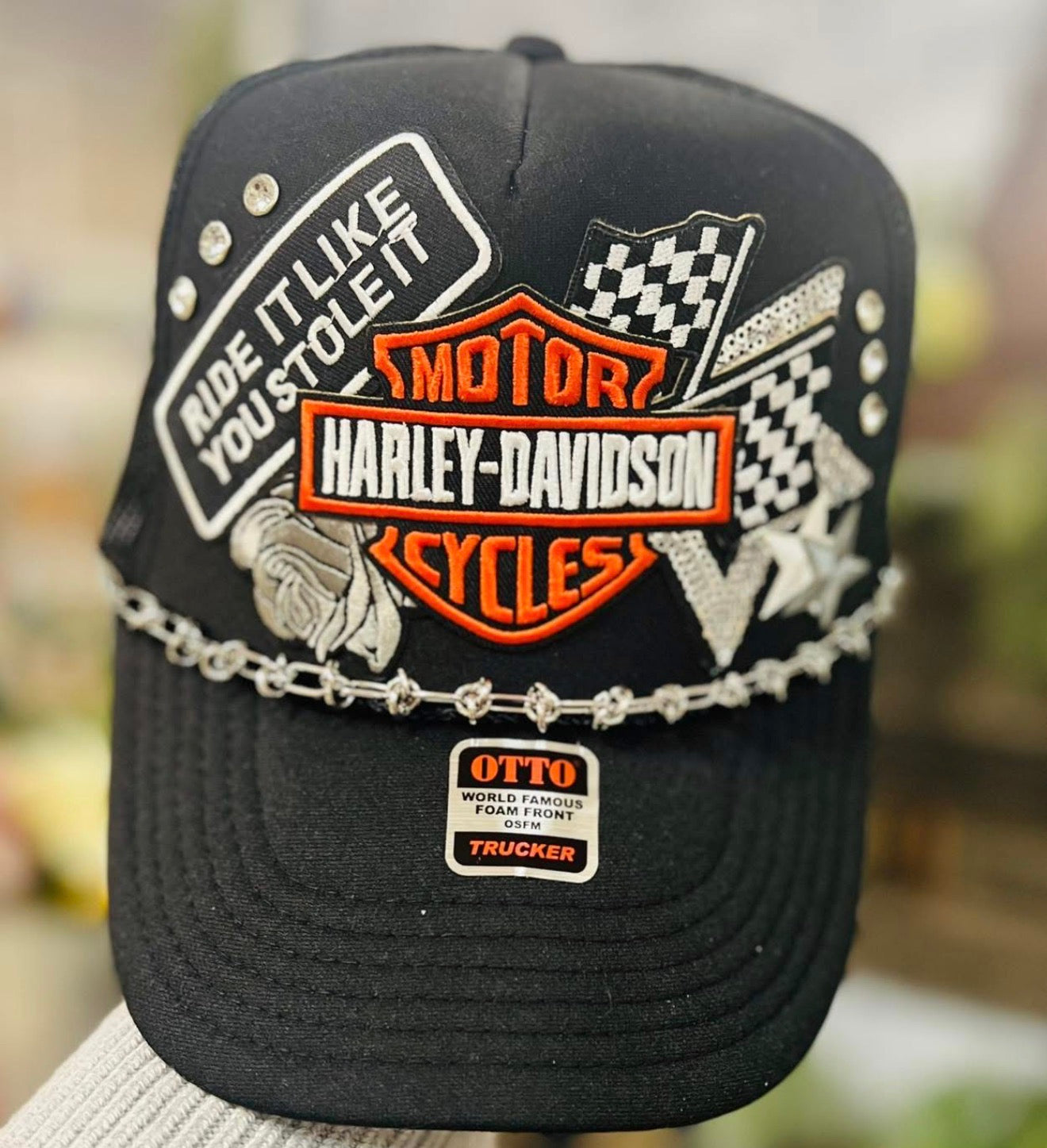 Black Checkered Biker Trucker Hat with Chain