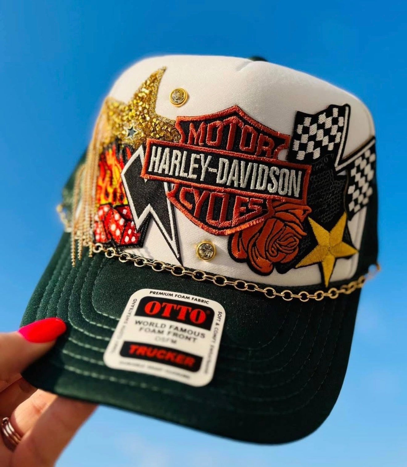 White & Green Biker Trucker Hat with Gold Chain