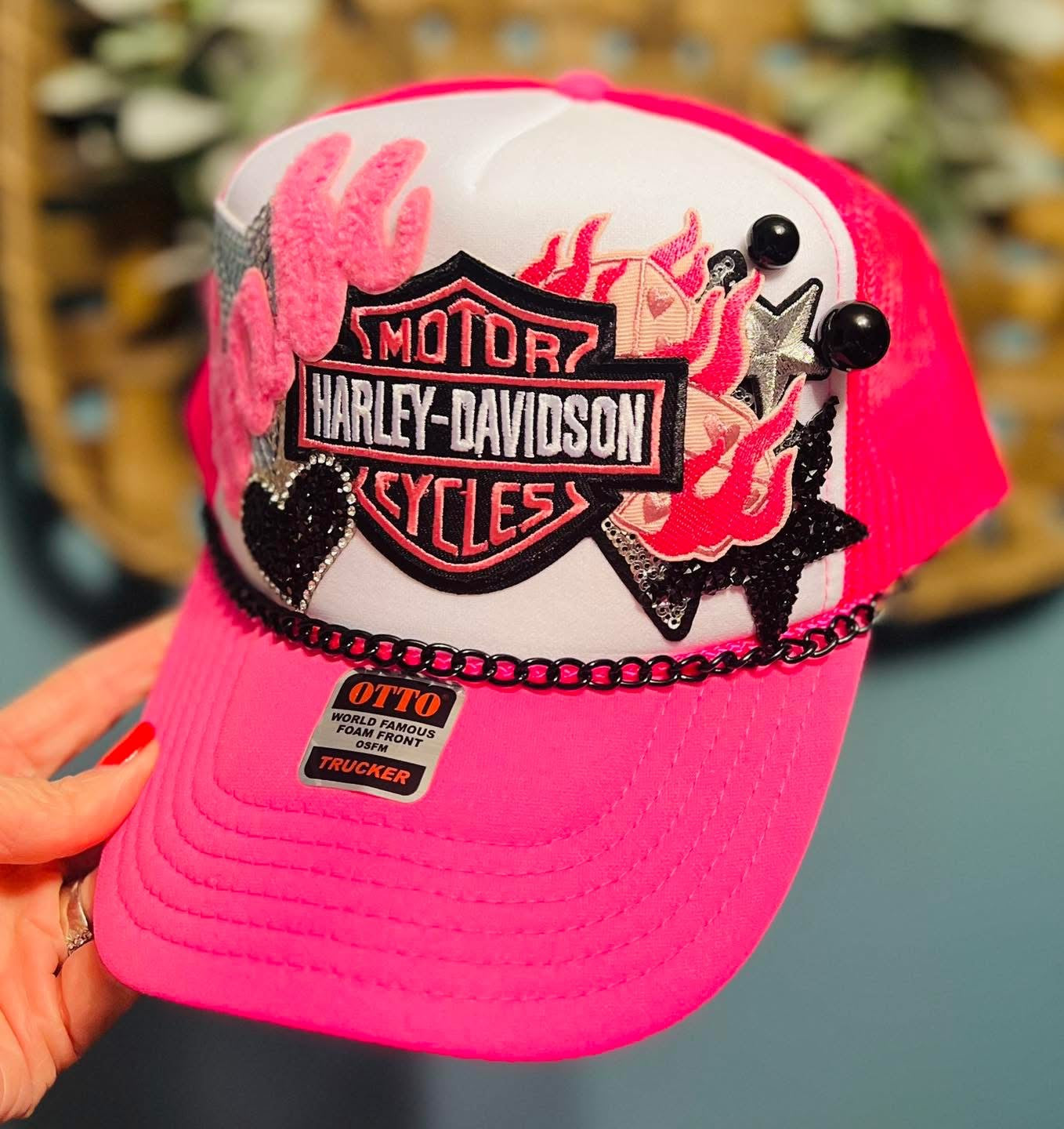 Hot Pink Biker Trucker Hat with Black Chain